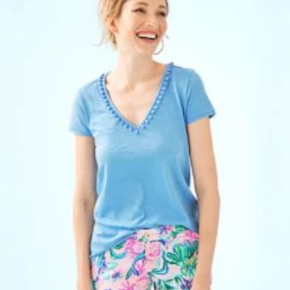 NWT! LILLY PULITZER Blue Etta Top with Pom Poms S